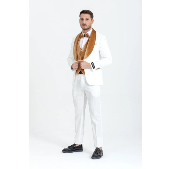 Derman Gold Luxury Floral Textured Velvet Collar 3 Piece Tuxedo - Picture 3 of 6